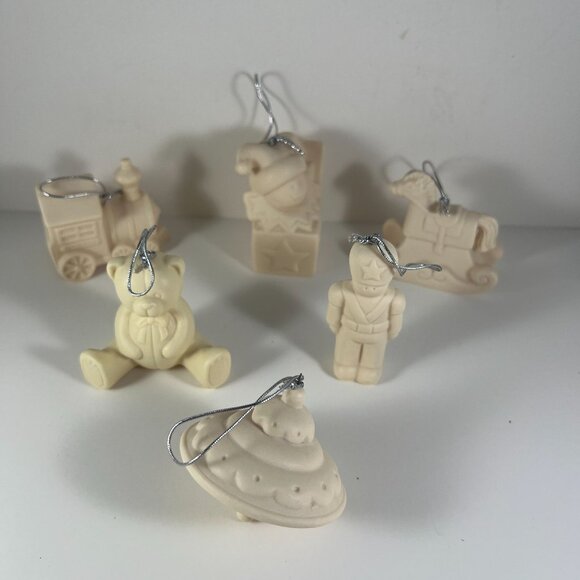 Set Of 6 Unpainted Ceramic Christmas Ornaments With Silver String Hangers - Picture 2 of 10